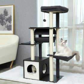 Modern Cat Tree 6 Levels Wooden Cat Tower with Sisal Scratching Posts, Roomy Condo, Spacious Perch, Super Large Hammock and Swing Tunnel for Indoor Ca