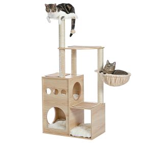 Modern Luxury Cat Tree Wooden Multi-Level Cat Tower Cat Sky Castle With 2 Cozy Condos, Cozy Perch, Spacious Hammock And Interactive Dangling Ball (Min