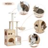 Modern Luxury Cat Tree Wooden Multi-Level Cat Tower Cat Sky Castle With 2 Cozy Condos, Cozy Perch, Spacious Hammock And Interactive Dangling Ball (Min